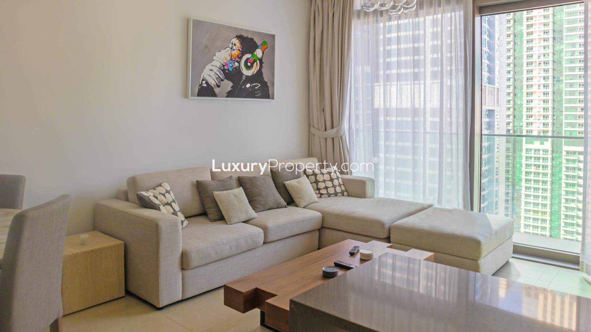 Modern living room in Marina Gate 2 apartment with city views, Dubai Marina