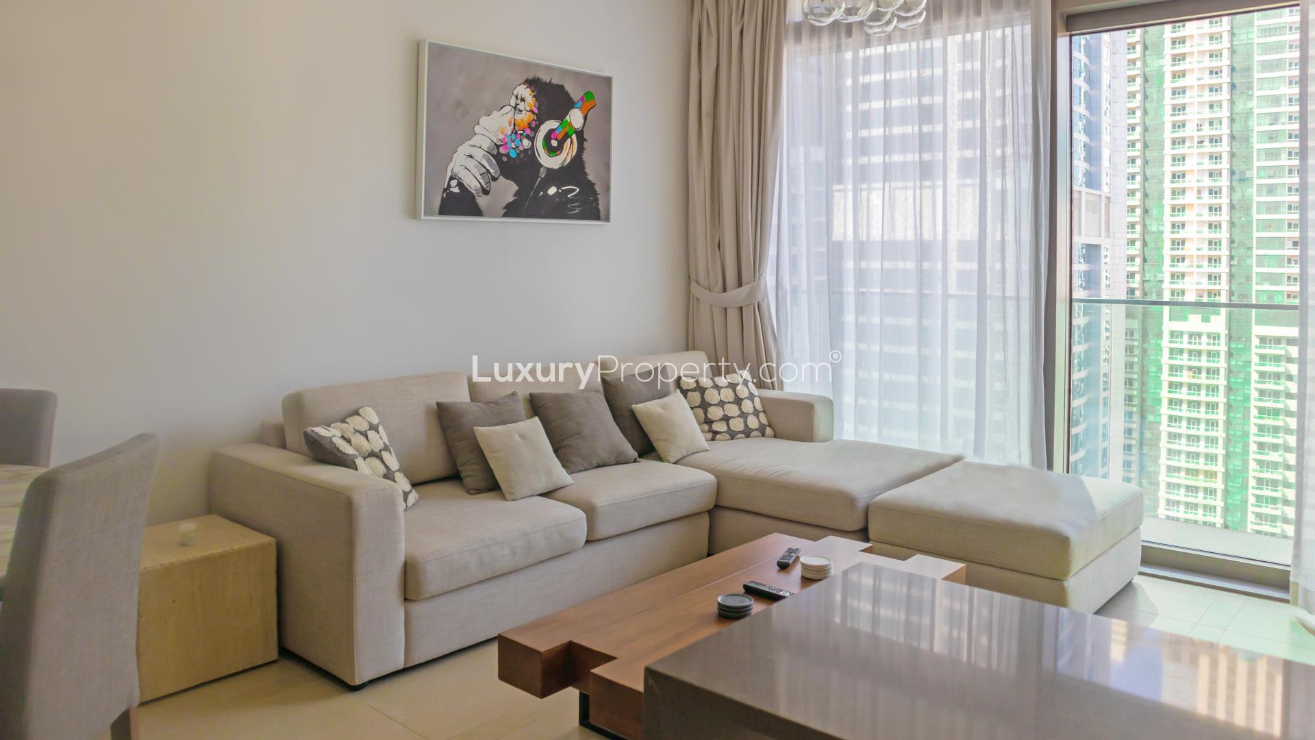 Modern living room in Marina Gate 2 apartment with city views, Dubai Marina