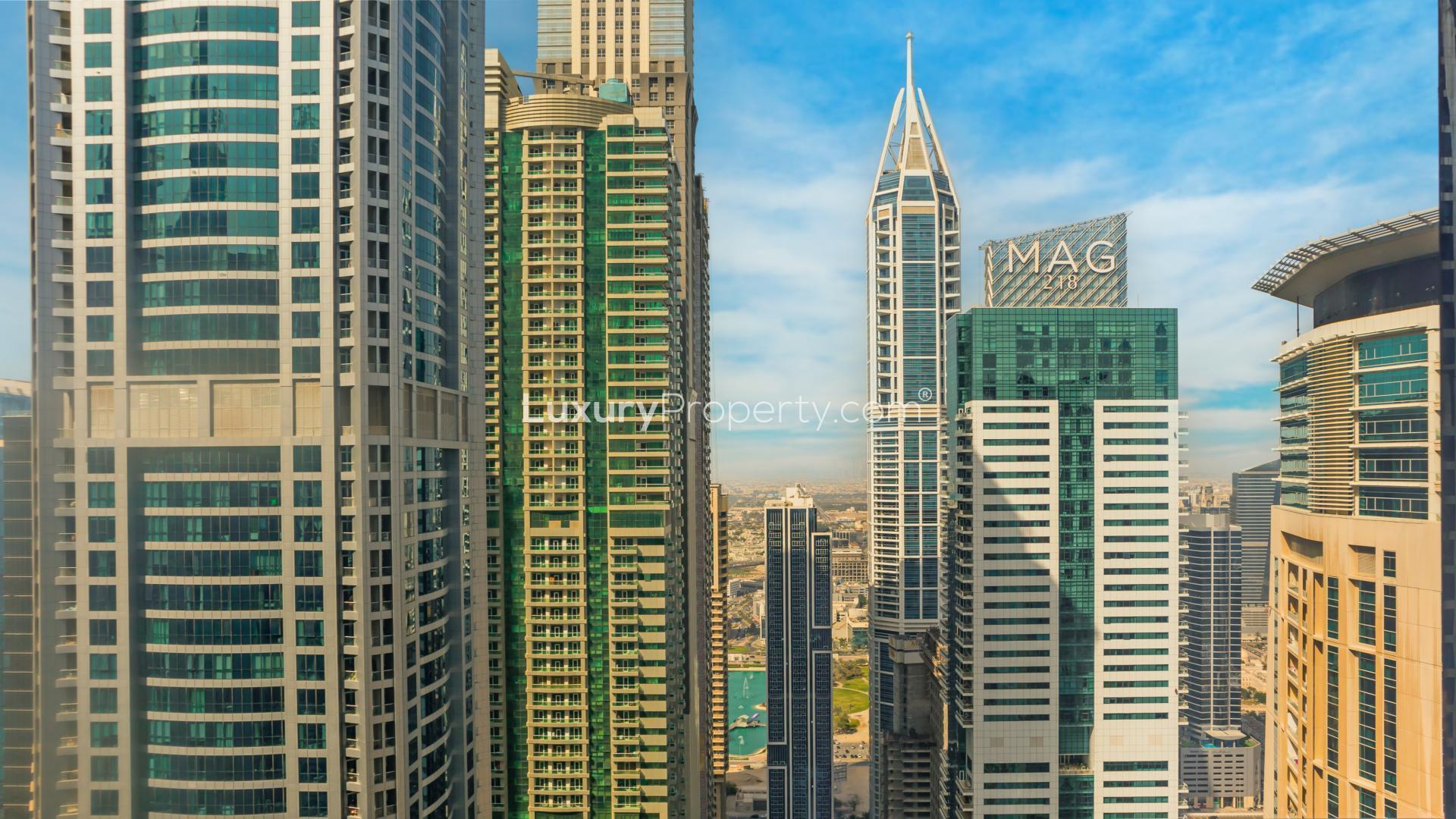 Modern living room in Marina Gate 2 apartment with city view, Dubai Marina