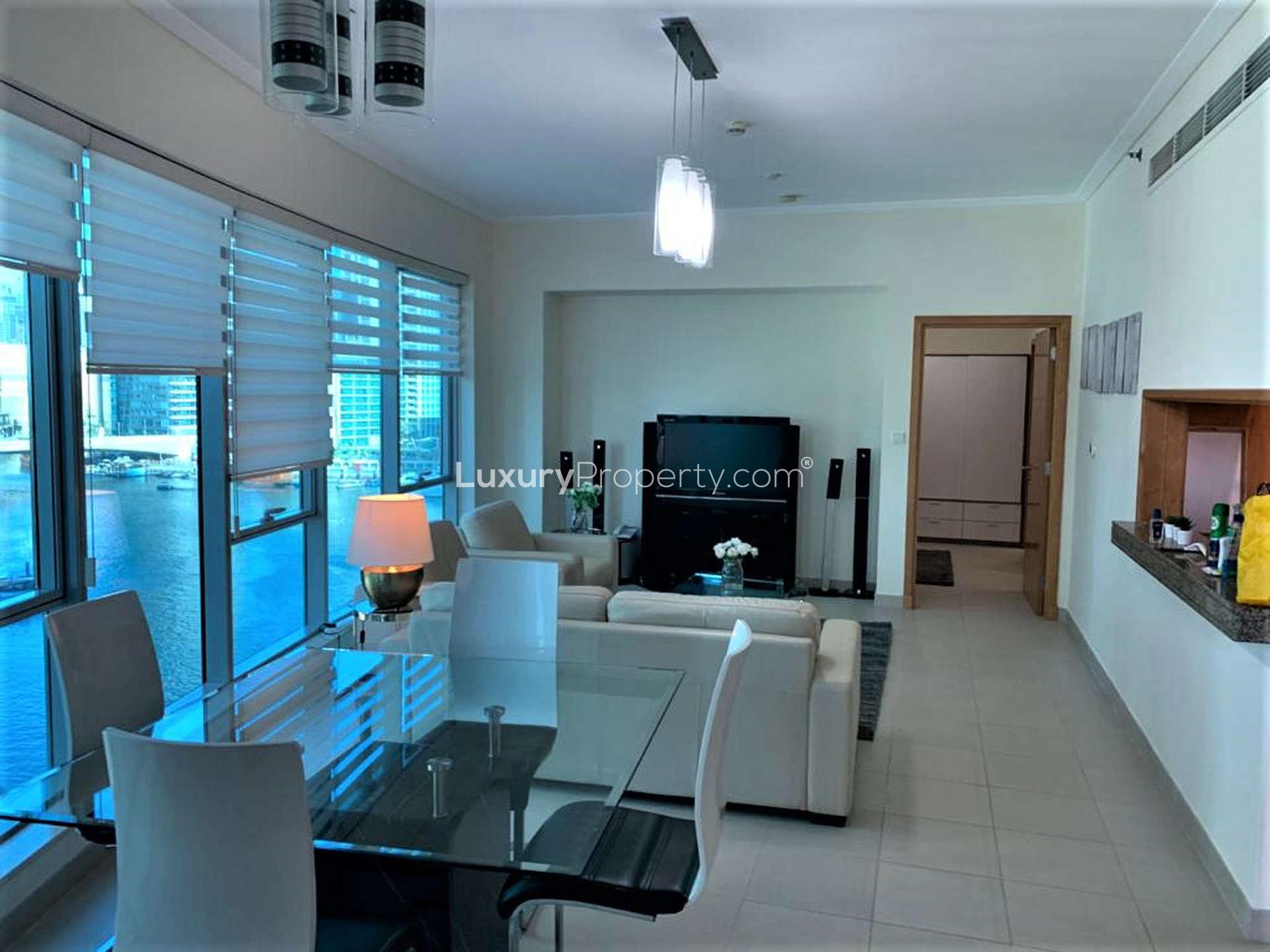 Fully furnished living room in 1-bedroom apartment, Marina Promenade, Dubai Marina with waterfront view