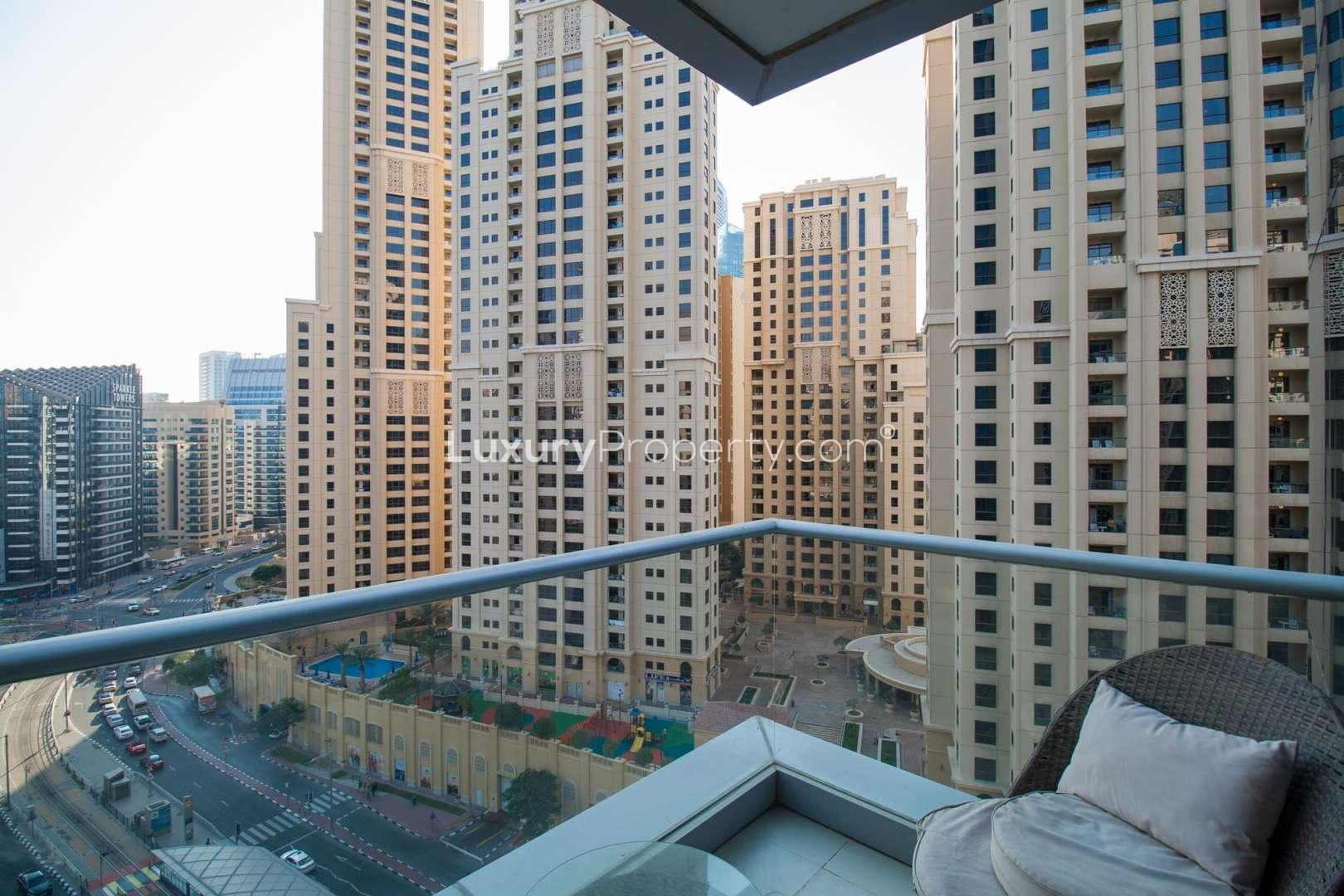 Furnished living room with marina views in Shemara Tower, Dubai Marina apartment for rent