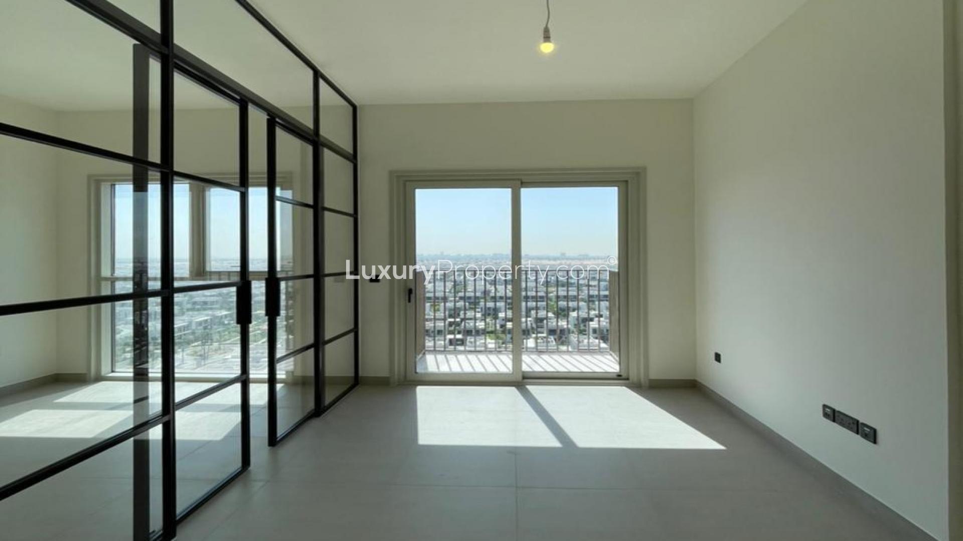 Stylish apartment interior with large window view in Dubai Hills Estate, Collective community