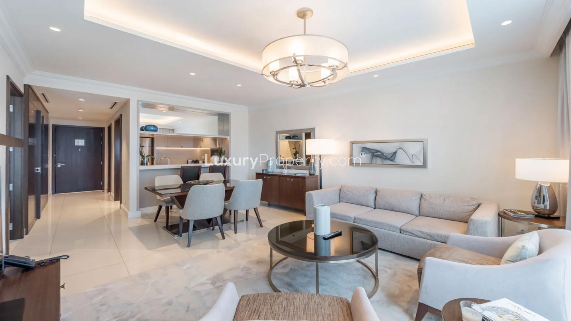 Modern furnished living room in one-bedroom apartment, Downtown Dubai, The Address Residence Fountain Views