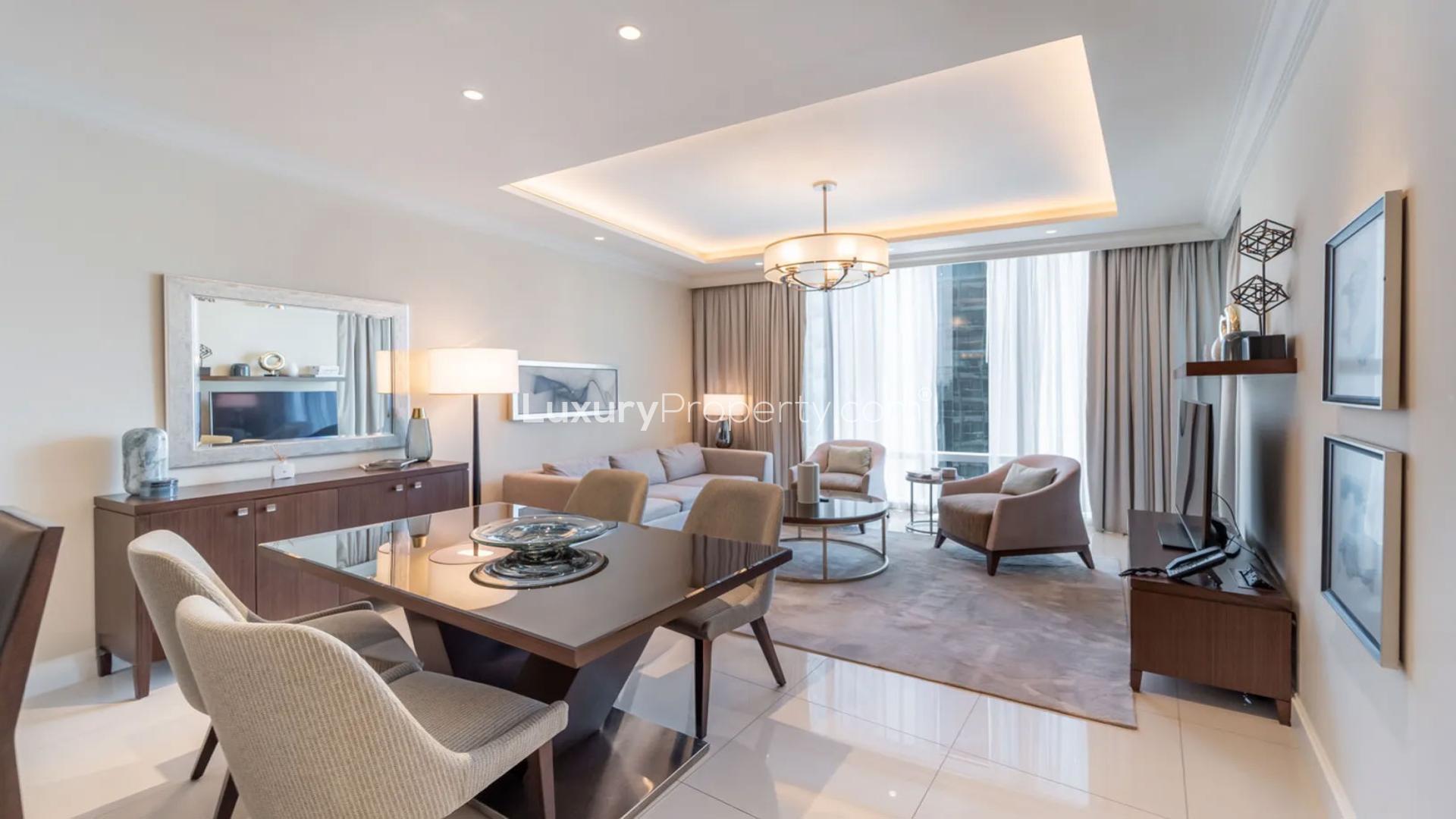 Modern living room in 1-bed apartment, Fountain Views, Downtown Dubai, elegant furnishings