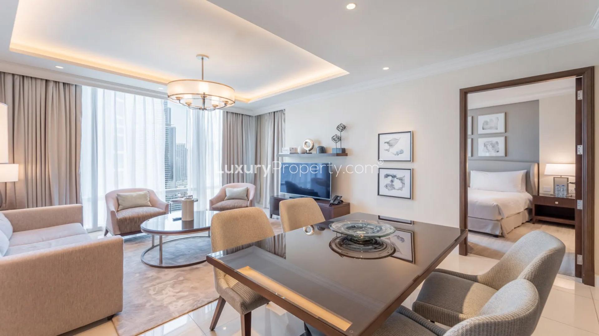 Elegant living room in 1-bed apartment, Downtown Dubai, Address Residence Fountain Views rental