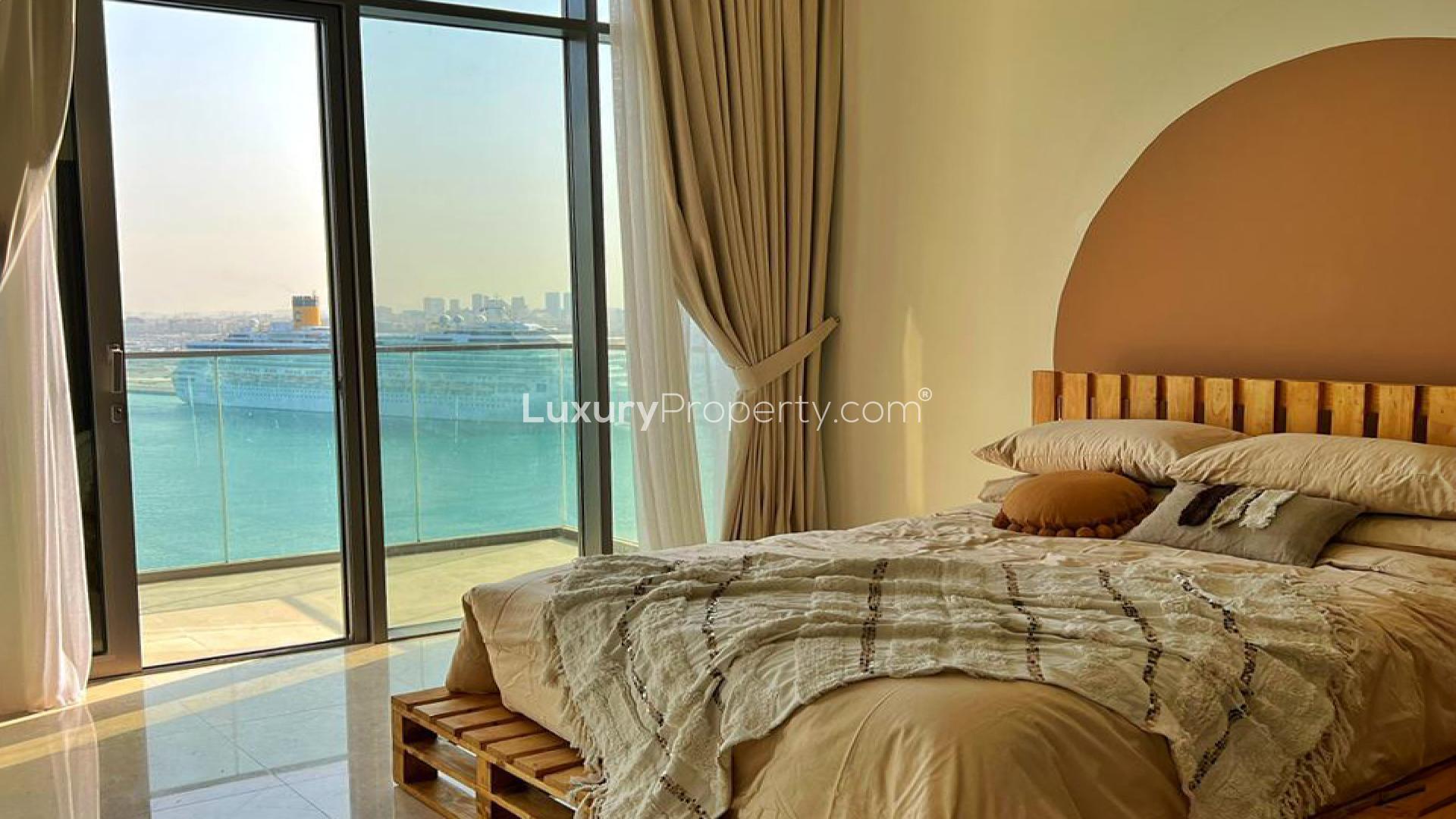 Fully furnished living room in Anwa apartment, Dubai Maritime City, with modern decor