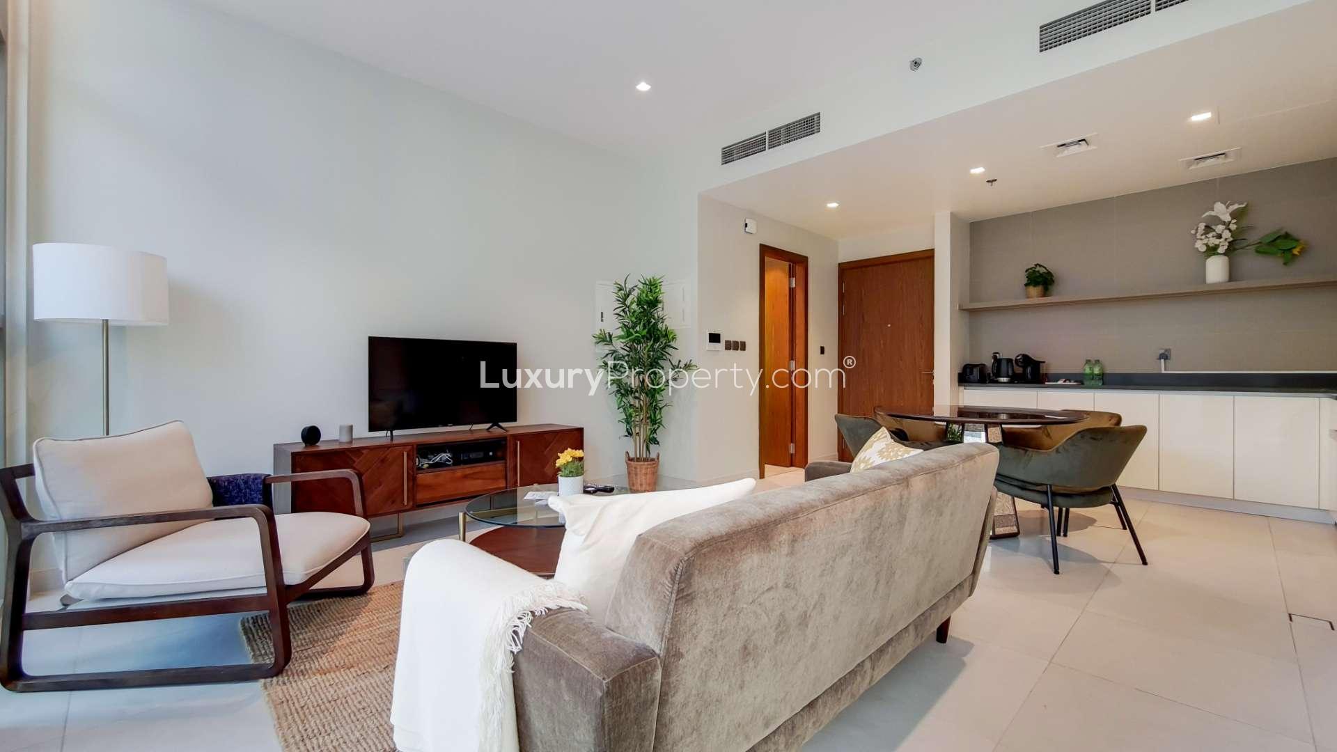 Modern living room in one-bedroom apartment, No.9 Dubai Marina, available for rent