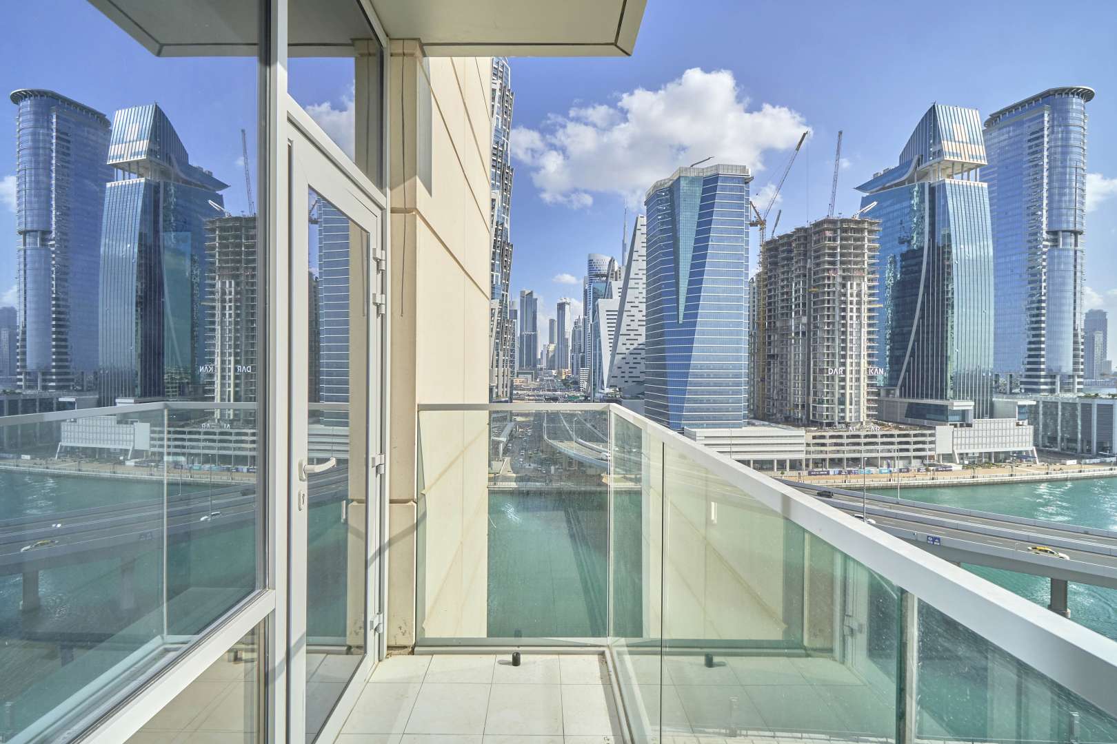 Modern bathroom in Al Habtoor City apartment, marble countertop and sleek design, Business Bay rental