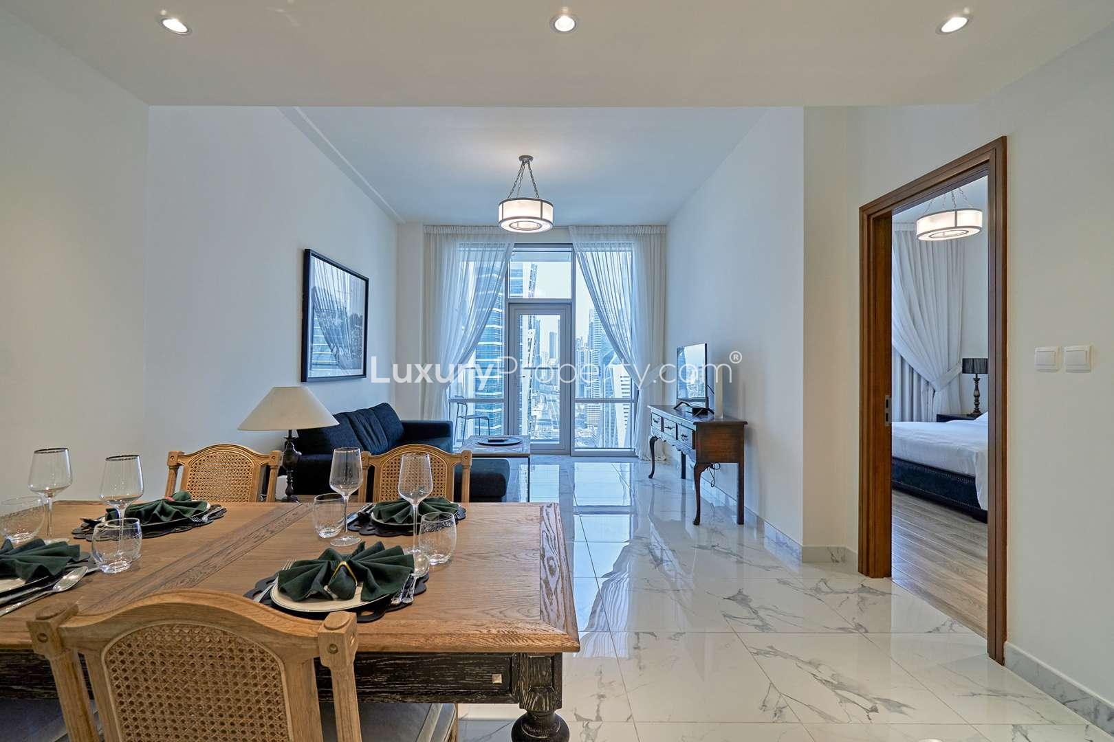 Modern kitchen in one-bedroom apartment, Amna Tower, Al Habtoor City, Business Bay, for rent