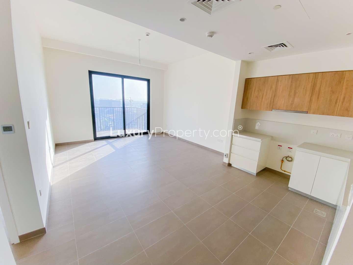 Outdoor pool area at Park Ridge, Dubai Hills Estate apartment for rent, low-floor park view