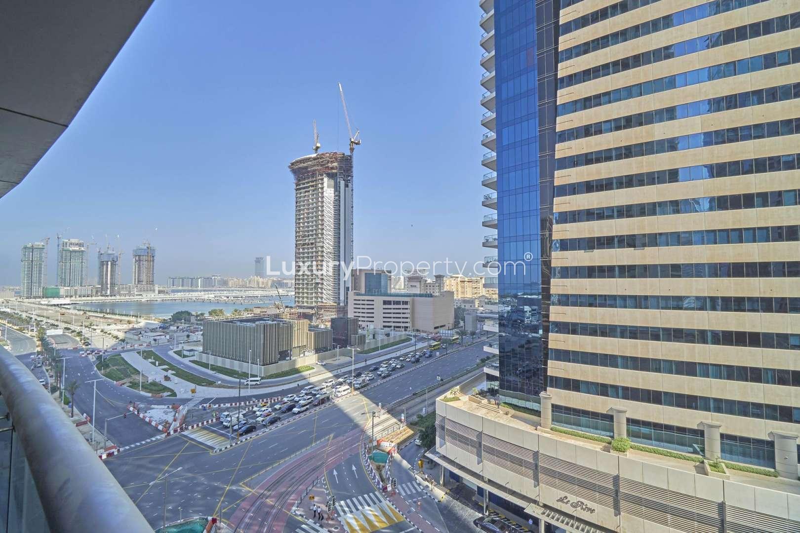 Balcony view from 1-bedroom apartment in Princess Tower, Dubai Marina, showing skyscrapers