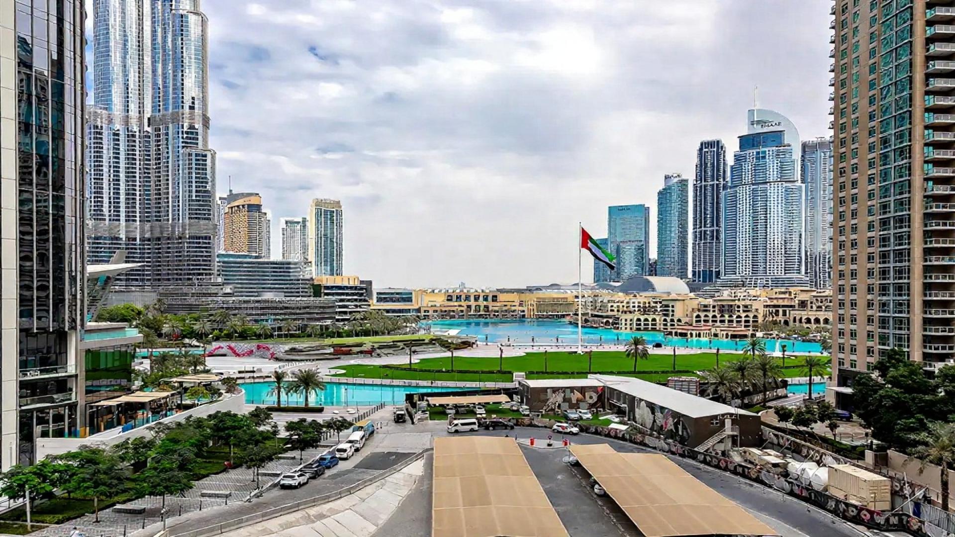 Apartment balcony view of Downtown Dubai skyline, Opera Grand, two-bedroom rental
