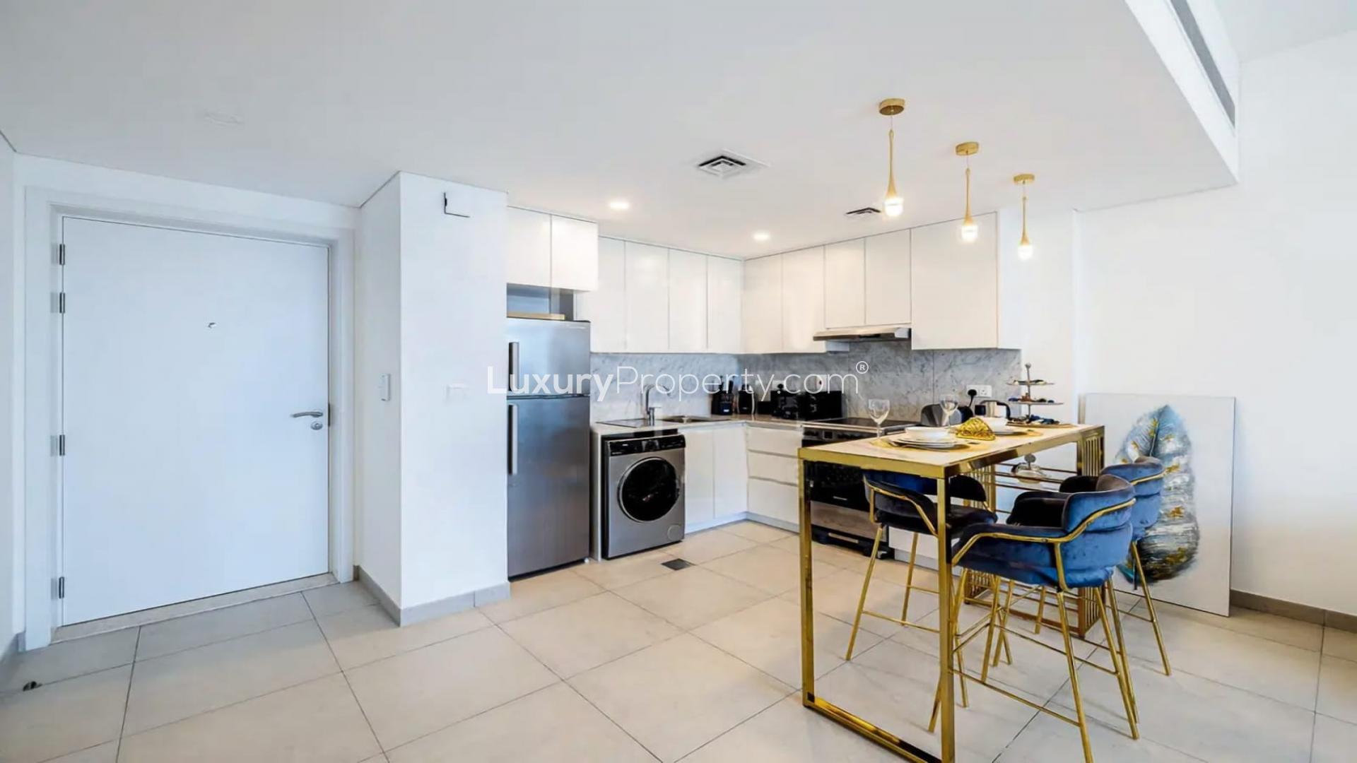 Luxurious living room in 1-bedroom apartment, Madinat Jumeirah Living, Dubai. Modern decor, open layout