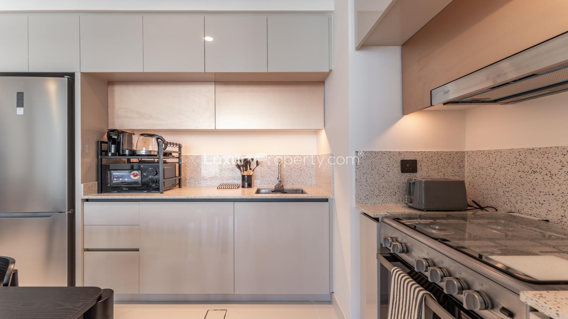 Furnished living room in 1-bedroom apartment, Marina Vista, Emaar Beachfront, Dubai Harbour