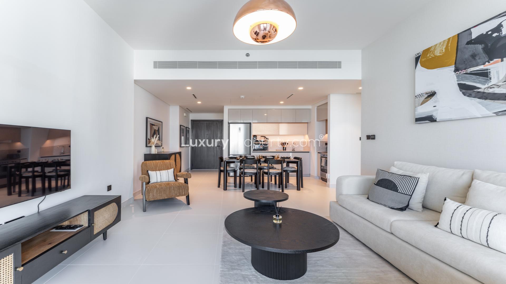 Furnished living room in 1-bedroom apartment, Marina Vista, Dubai Harbour, with sea view balcony