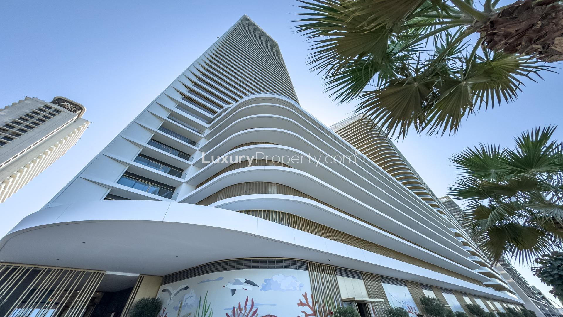 Beachfront apartment balcony with stunning palm view, Emaar Beachfront, Dubai Harbour