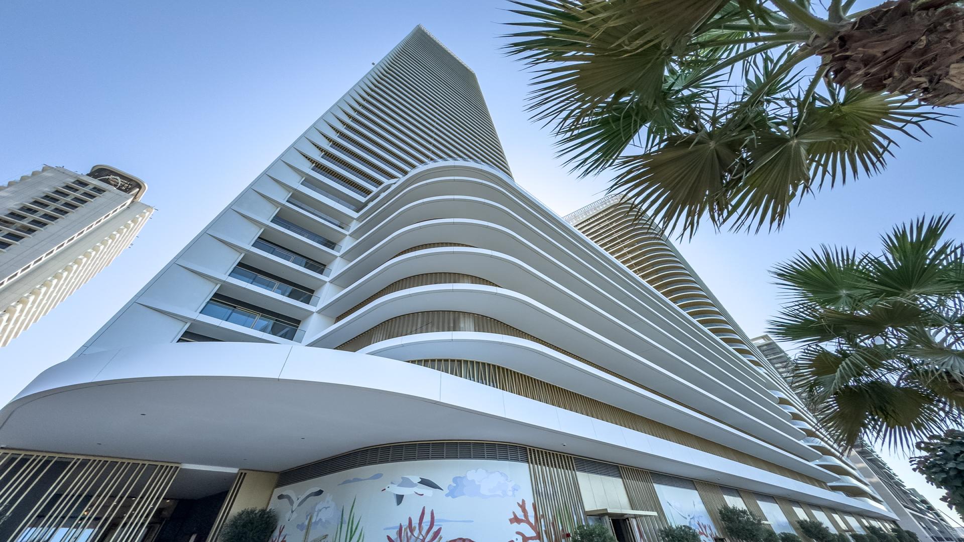 Beachfront apartment balcony with stunning palm view, Emaar Beachfront, Dubai Harbour