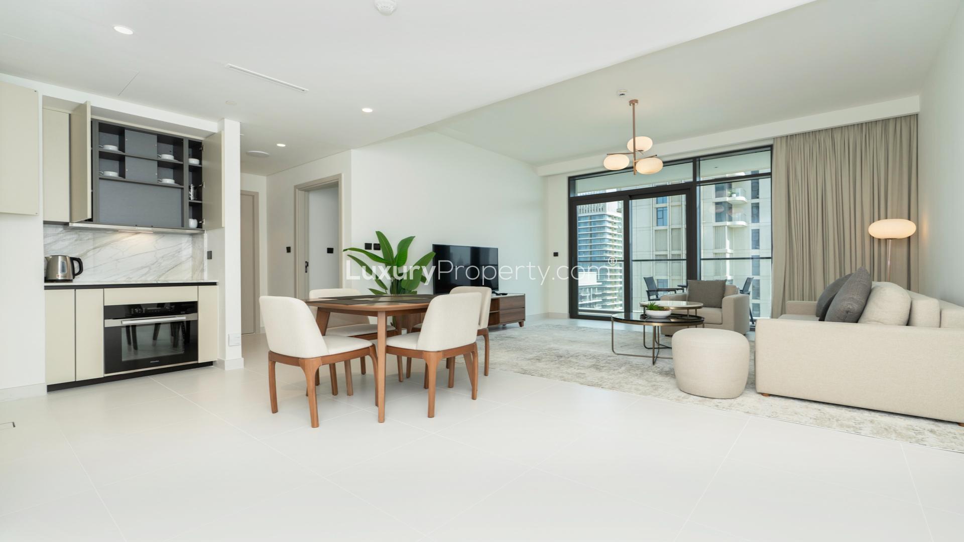 High-floor apartment balcony with stunning Burj Al Arab and marina views at Emaar Beachfront