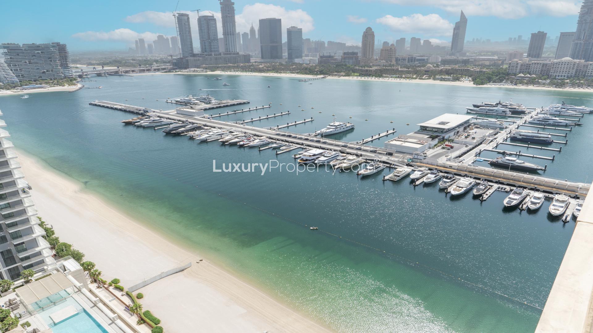 Modern living room in high-floor 1-bedroom apartment, Emaar Beachfront, Dubai Harbour rental