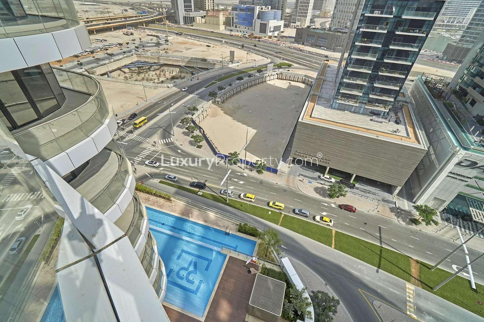 Balcony view from RP Heights apartment in Downtown Dubai, showcasing modern skyscrapers