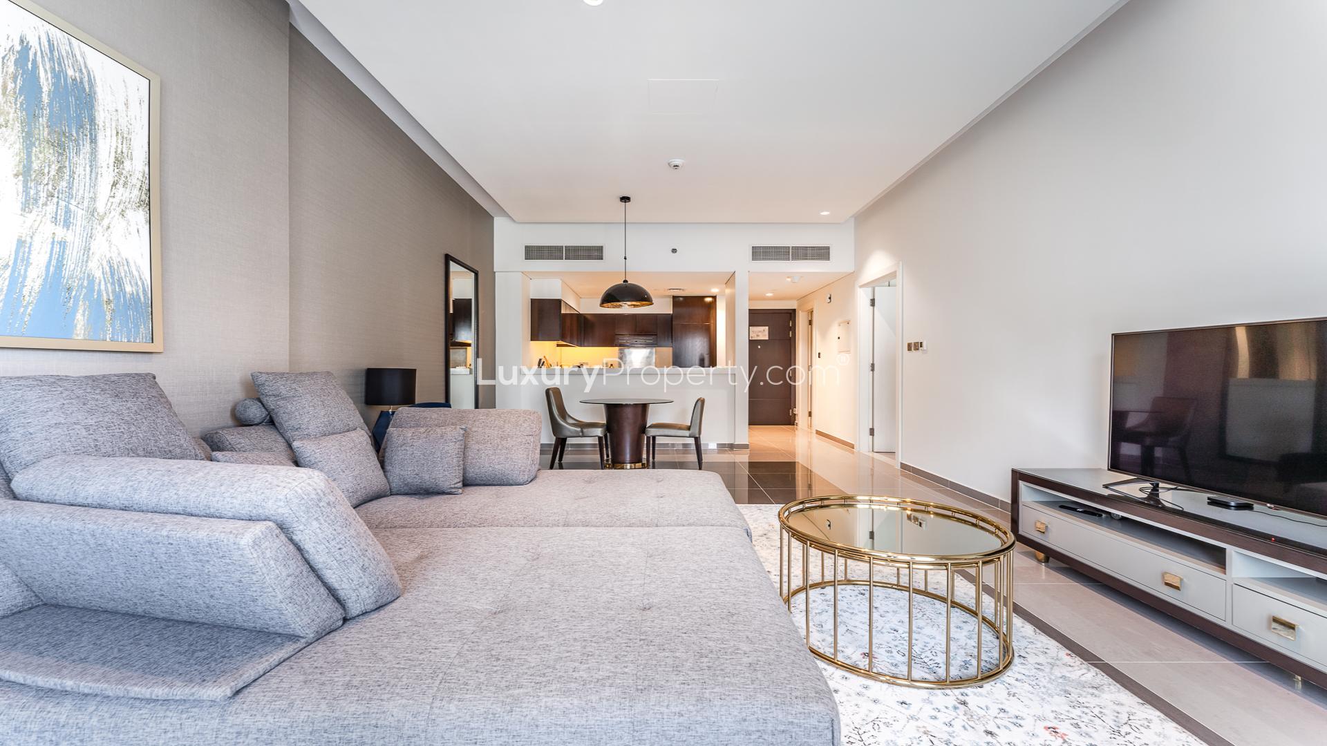 Luxurious living room in 1-bedroom apartment, DAMAC Majestine, Business Bay, modern furniture, canal view