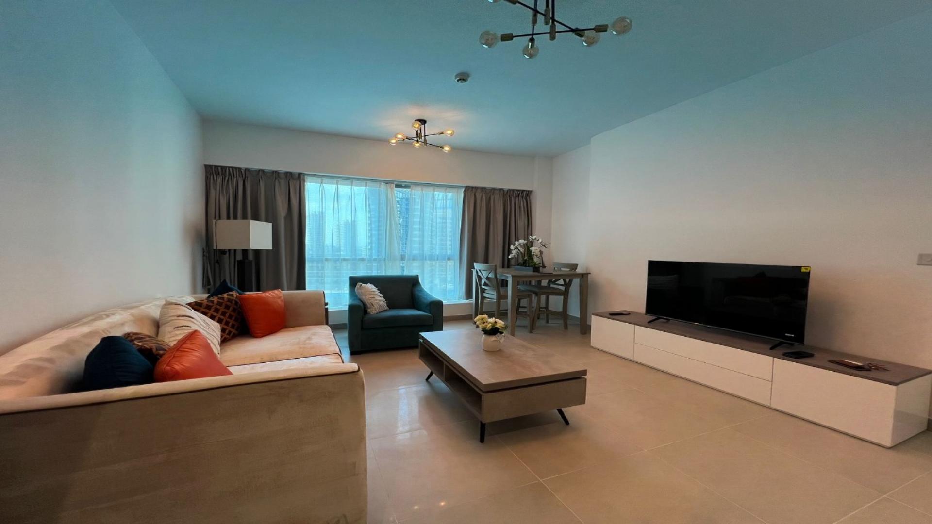 Modern living room in 1-bedroom apartment for rent, The Point, Dubai Marina