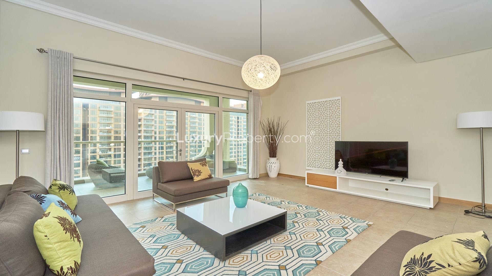 Furnished balcony with sea view at Shoreline Apartment, Palm Jumeirah, Dubai