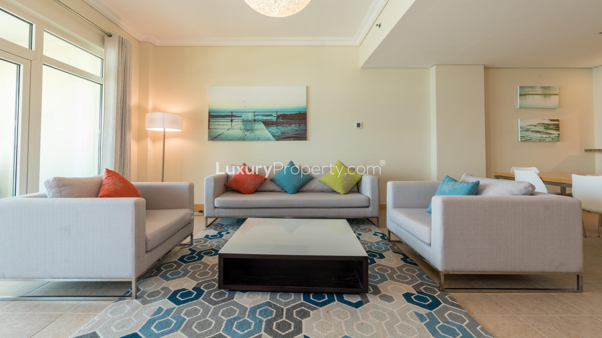 Fully furnished Shoreline Apartment living room with sea view, Palm Jumeirah, for rent