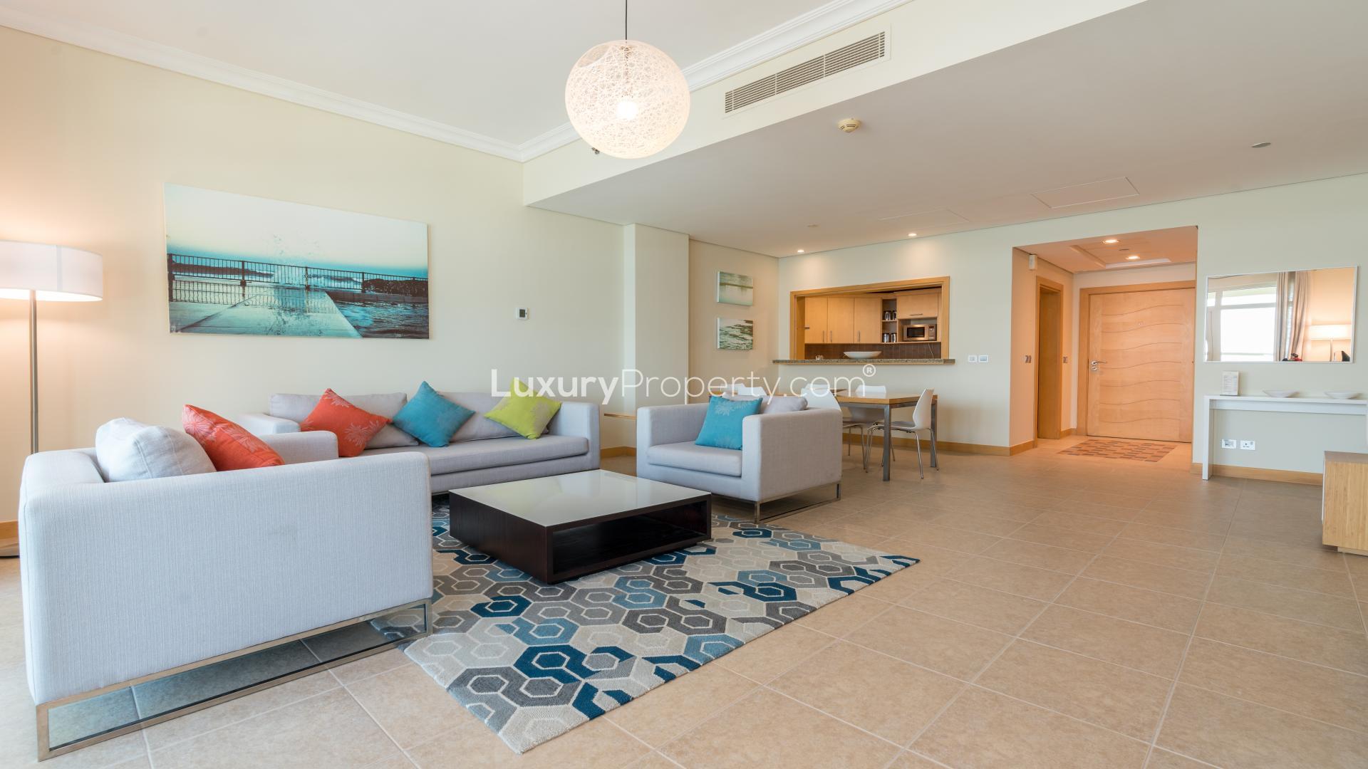 Fully furnished living room in Shoreline Apartments, Palm Jumeirah with modern decor