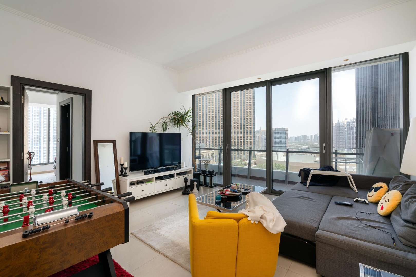 Living room in one-bedroom apartment, Silverene Tower B, Dubai Marina, with city views