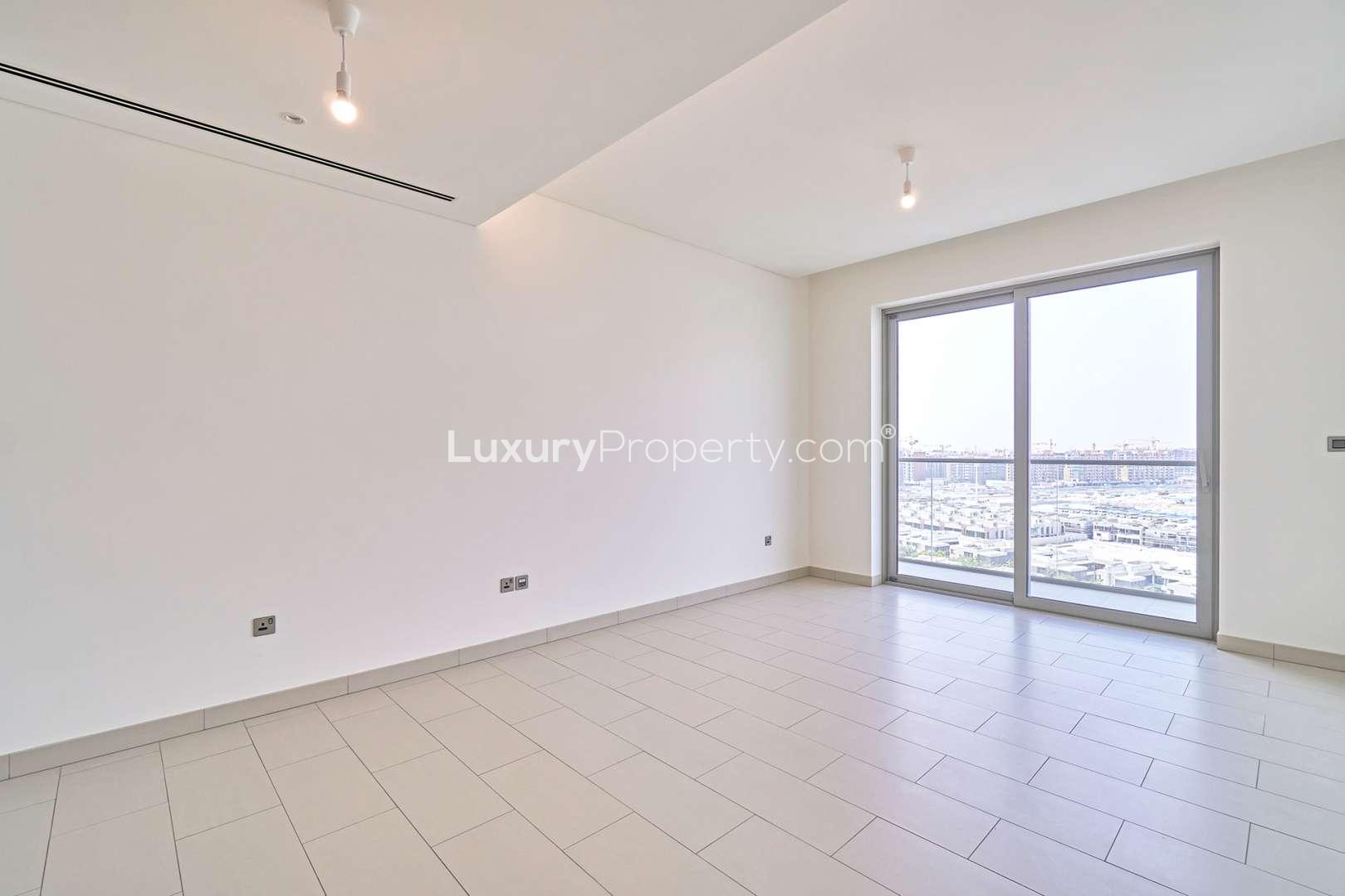 Brand new apartment balcony view in Sobha Hartland Greens, overlooking community and cityscape