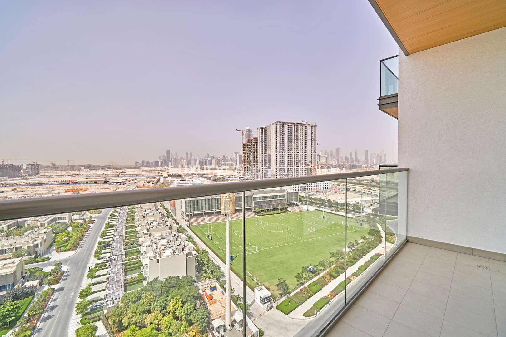 Brand new apartment interior with large window in Sobha Hartland Greens, Mohammed Bin Rashid City