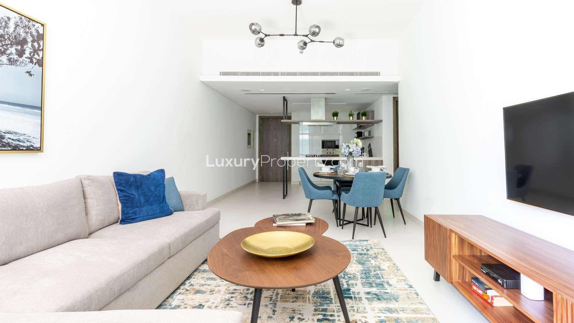 View from boutique furnished apartment in Soho Palm Jumeirah overlooking skyline and waterfront