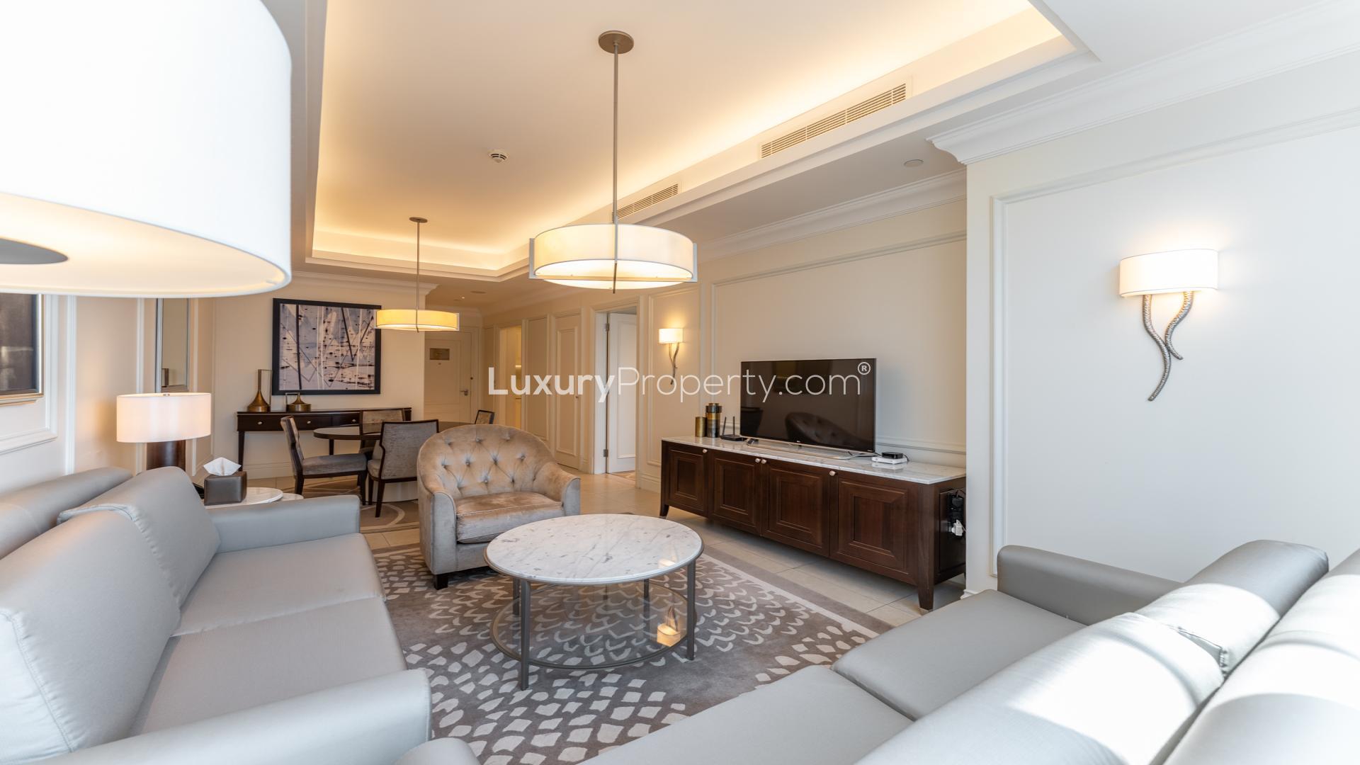 Elegant living room in fully furnished 1-bedroom apartment, Kempinski Boulevard, Downtown Dubai