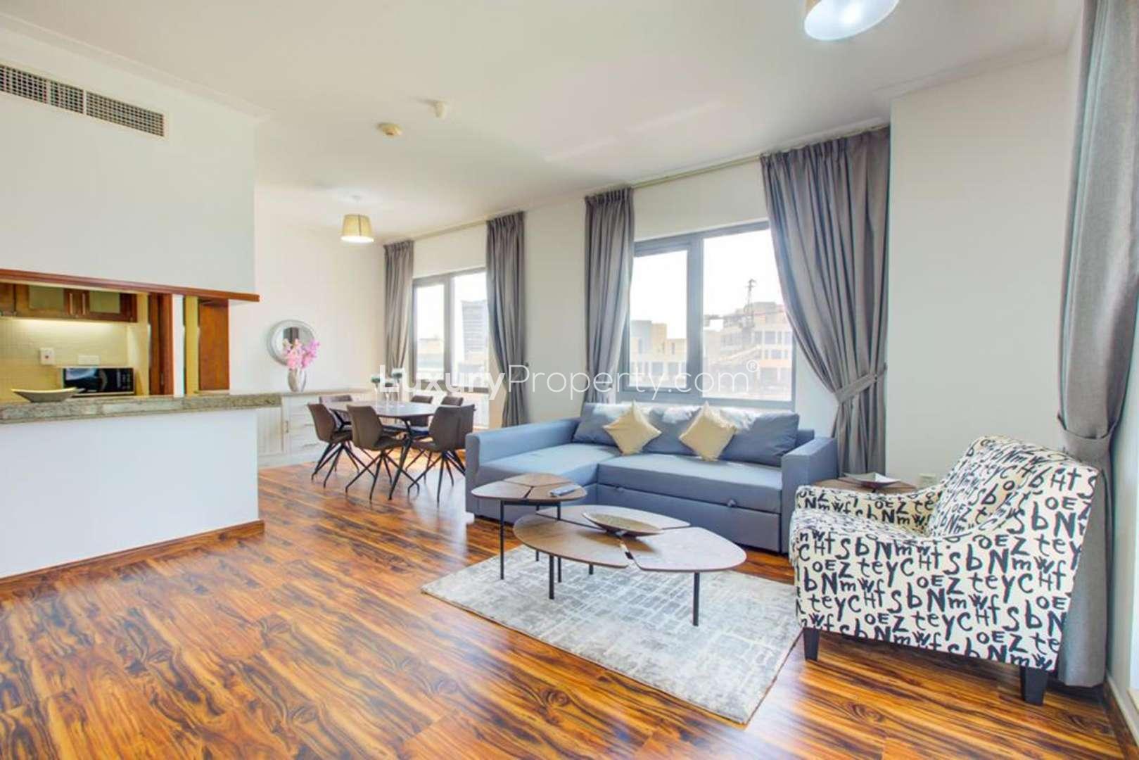 Modern living room in 1-bedroom apartment, South Ridge, Downtown Dubai, with stylish furnishings