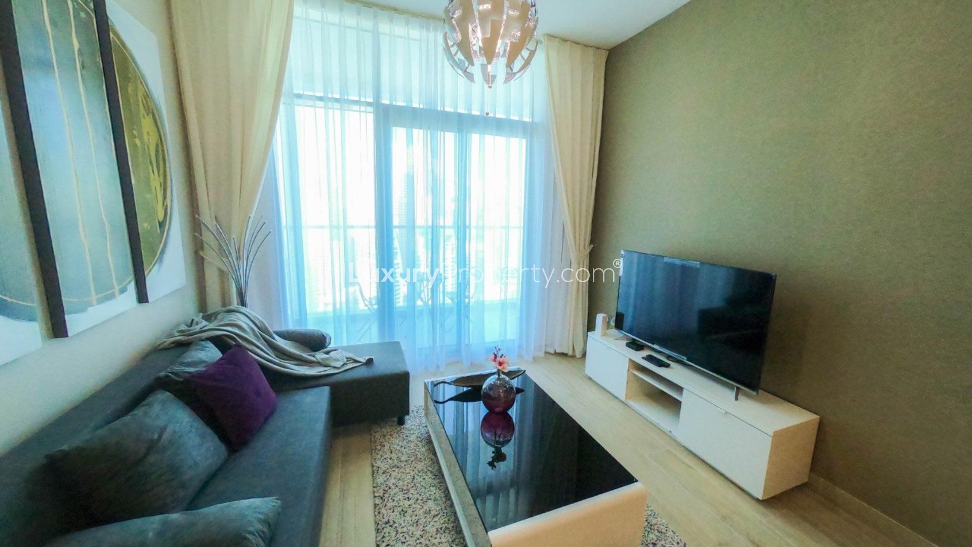 Balcony view of Dubai Marina from modern 1-bedroom apartment in Studio One