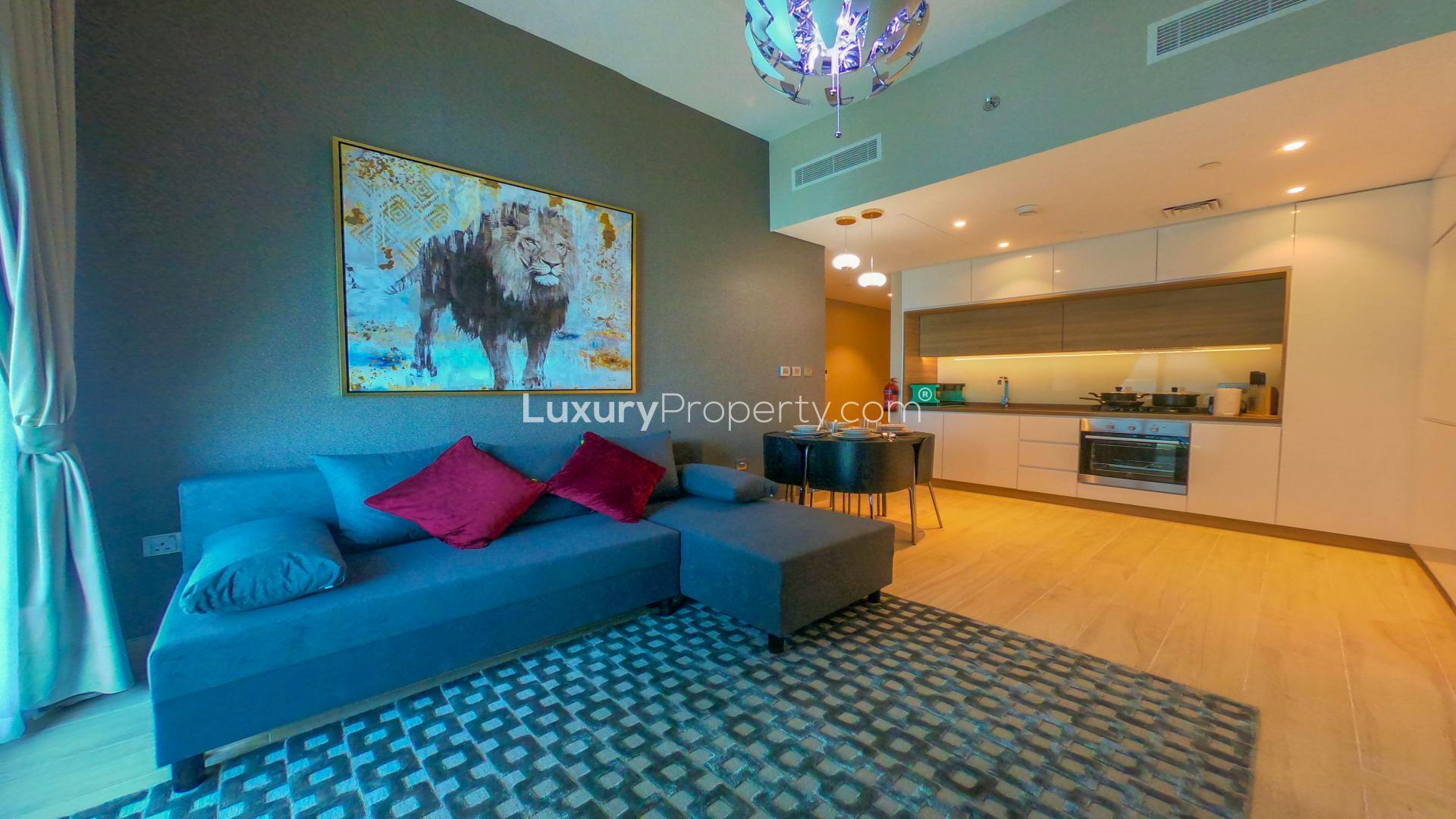Luxurious one-bedroom apartment interior in Studio One, Dubai Marina with ensuite bathroom