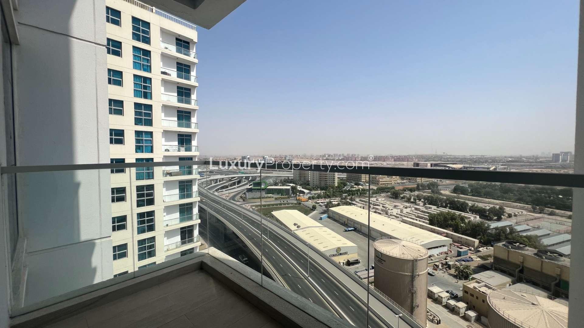 Fully furnished living room in modern one-bedroom apartment, Studio One, Dubai Marina