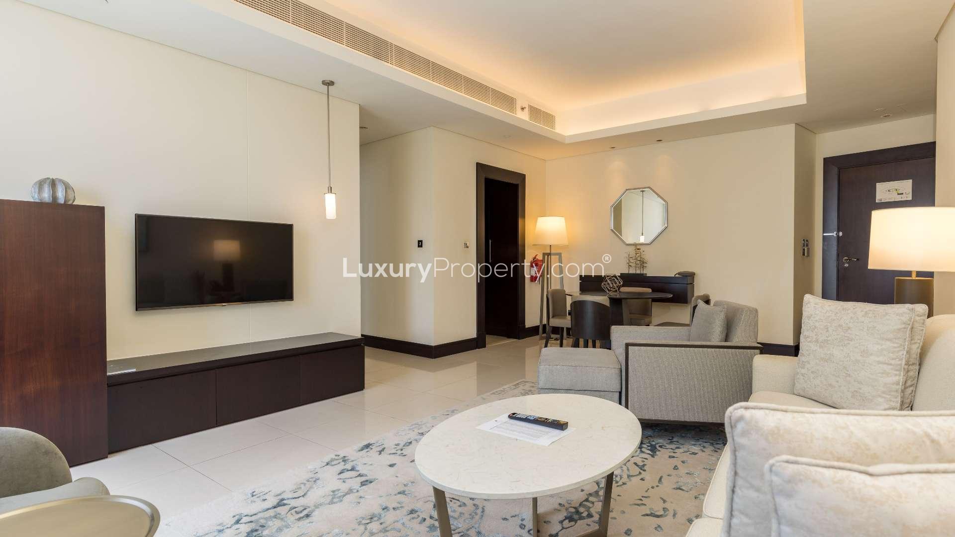 Furnished one-bedroom apartment interior in Burj Lake Hotel, Downtown Dubai, available for rent
