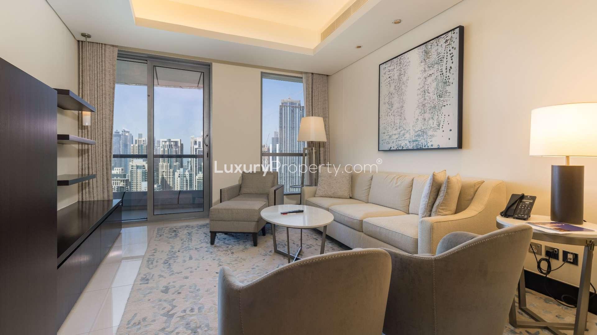 Balcony view from a furnished apartment in Downtown Dubai overlooking city skyline and Burj Khalifa