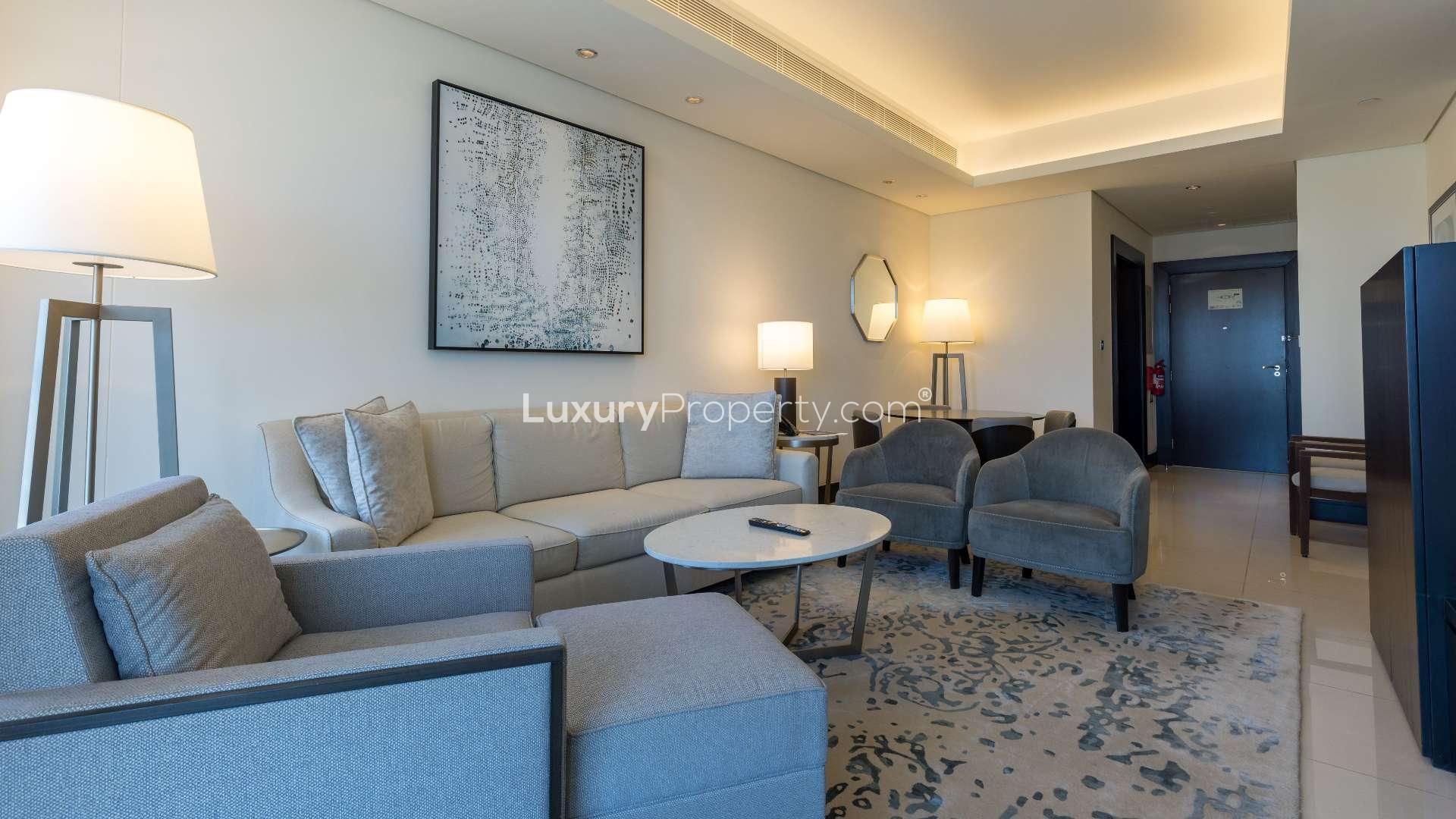 Fully furnished living room with downtown views in Burj Lake Hotel, Downtown Dubai apartment