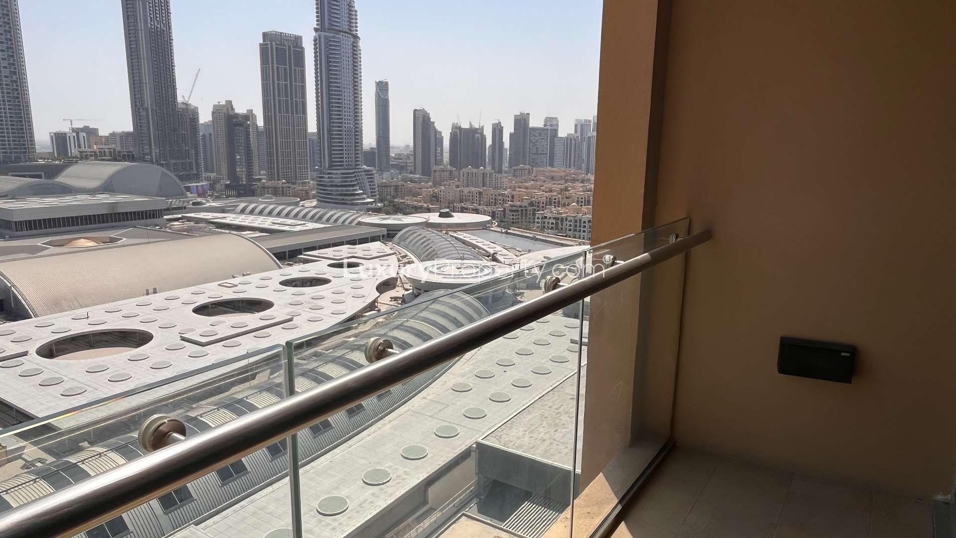 Balcony view from luxurious apartment in Address Residences, Downtown Dubai, overlooking cityscape