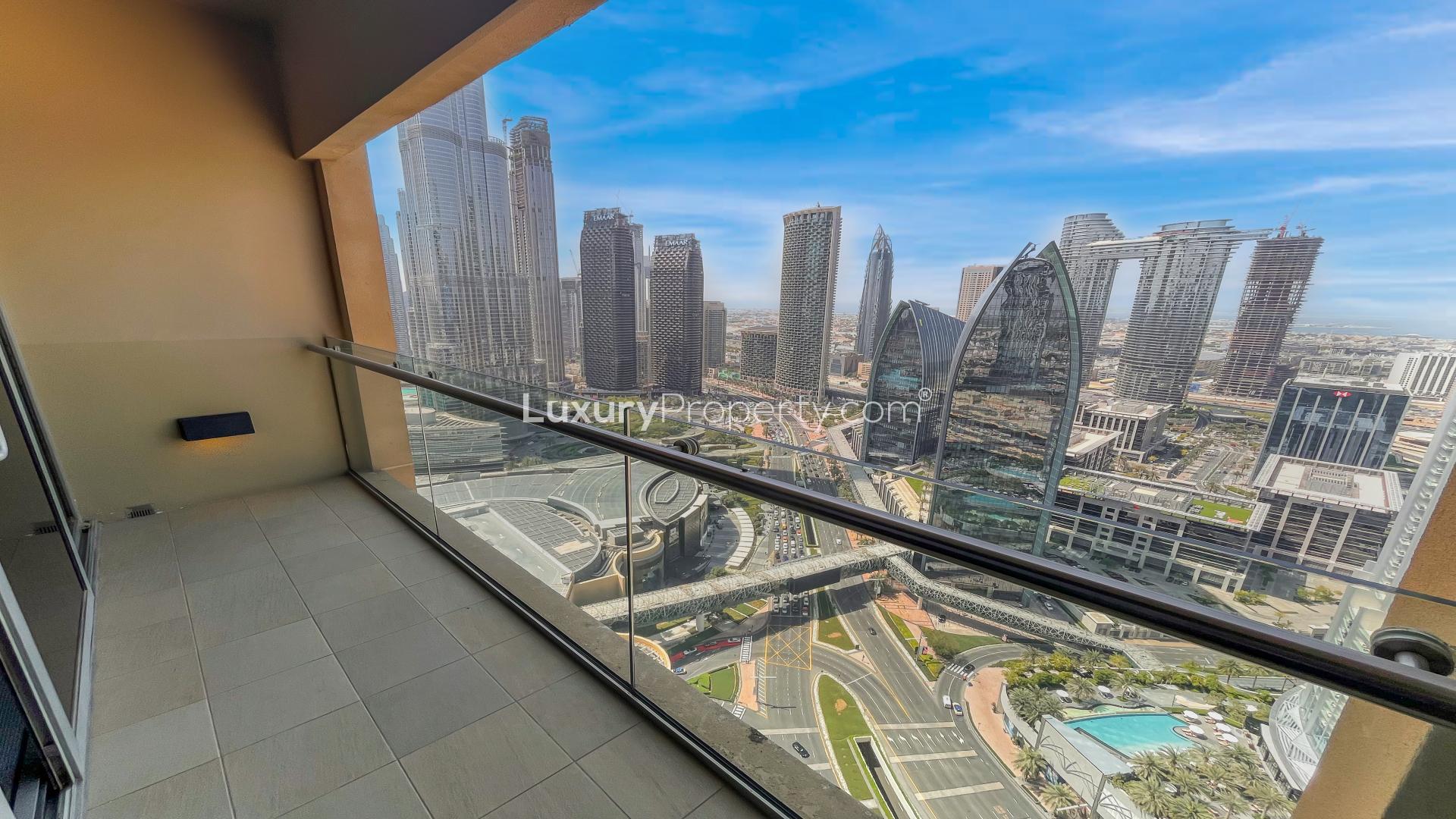Luxurious studio apartment interior with city view in Address Dubai Mall, Downtown Dubai