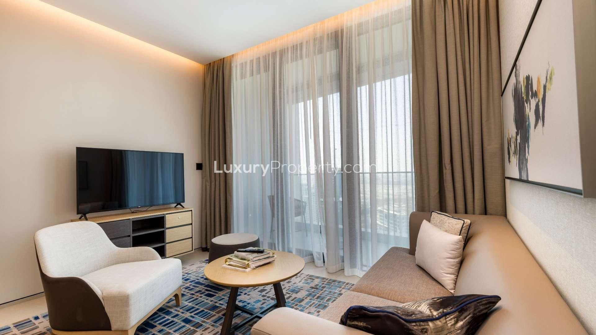 Balcony view from serviced apartment in The Address JBR, overlooking Dubai Marina skyline