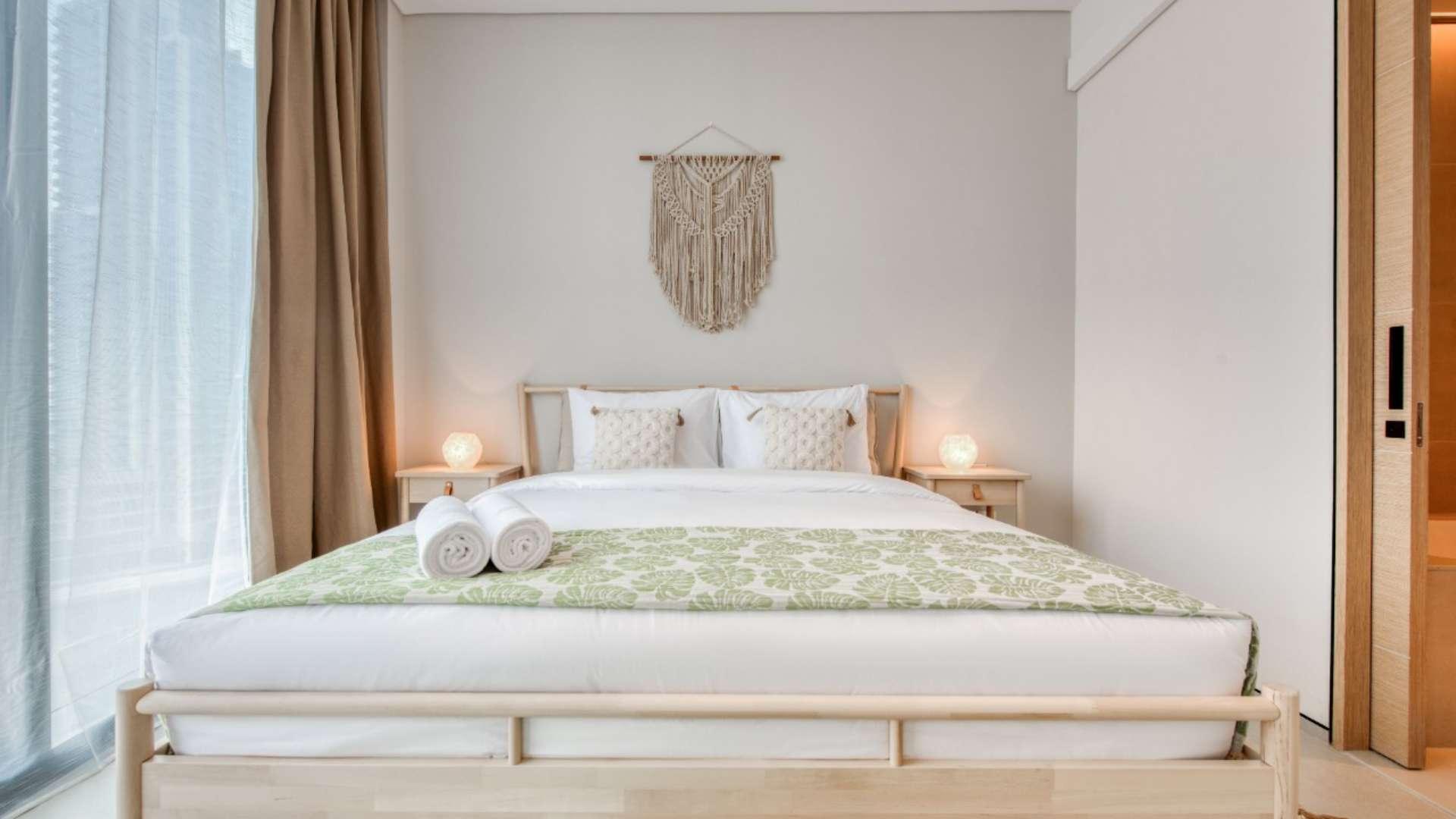 Furnished living room with marina view in Jumeirah Beach Residence apartment for rent