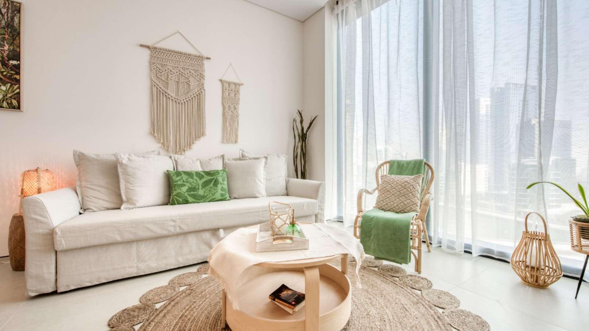 Fully furnished living area in serviced apartment, Jumeirah Beach Residence, modern decor