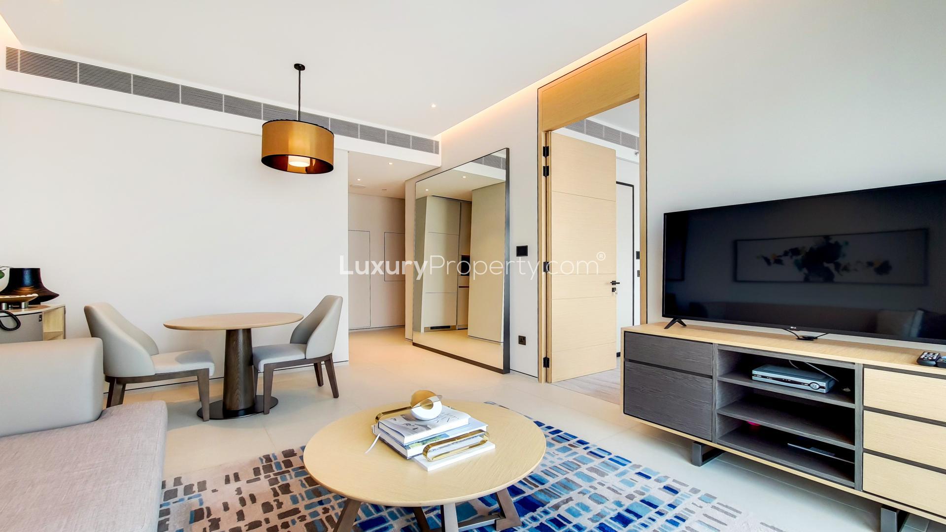 Luxuriously furnished living room with sea views in Jumeirah Beach Residence apartment