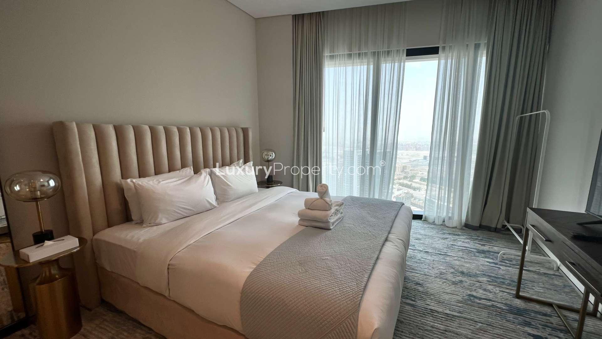 Aerial view of Jumeirah Beach Residence and Marina from luxury apartment in The Address JBR