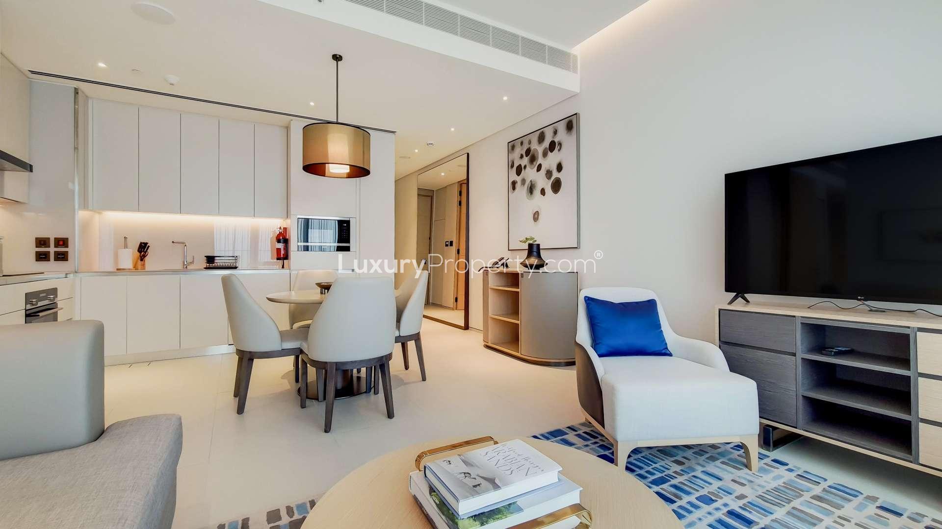 Luxury serviced apartment kitchen and dining area, Jumeirah Beach Residence, modern furnishings