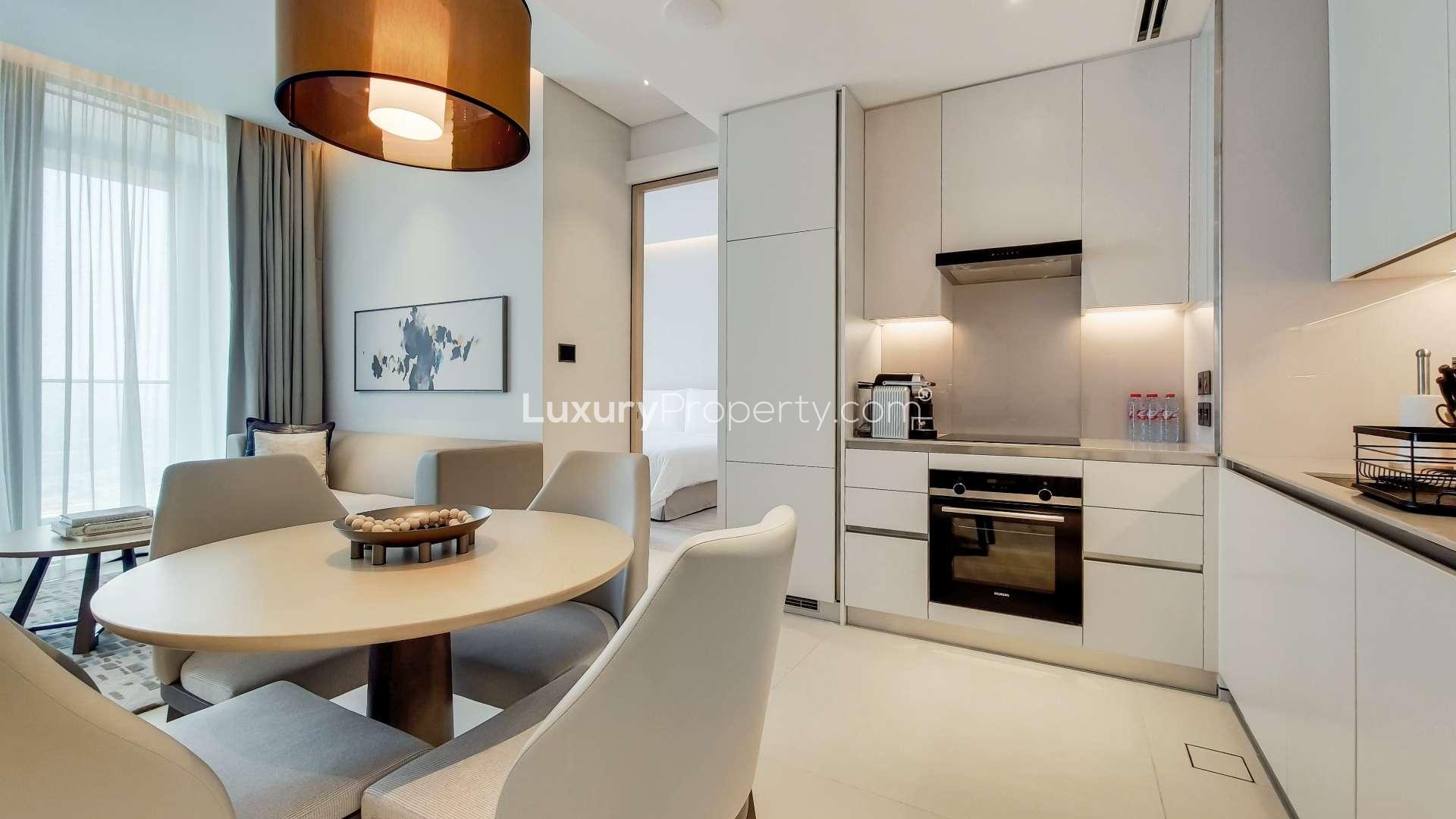 Balcony view of marina and city from luxury apartment at Jumeirah Beach Residence